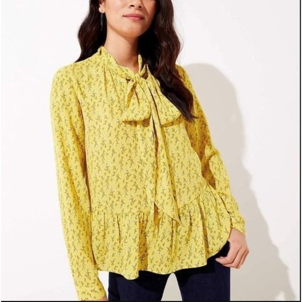 Loft Plus Womens Plus 16 Yellow Floral Blouse Tie Neck Long Sleeve Shirt Top‎